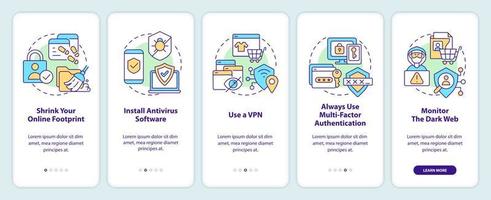 Protect yourself from cyberattacks onboarding mobile app screen. Walkthrough 5 steps editable graphic instructions with linear concepts. UI, UX, GUI template vector