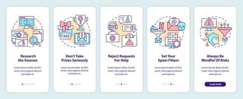 Protection from cybercrimes tips onboarding mobile app screen. Walkthrough 5 steps editable graphic instructions with linear concepts. UI, UX, GUI template vector