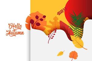 Hola otoño texto póster de septiembre hoja otoño o otoñal follaje de arce, roble bellota y olmo para compras rebaja diseño o promoción póster y folleto o web bandera. vector