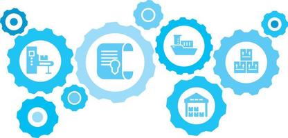 Connected gears and vector icons for logistic, service, shipping, distribution, transport, market, communicate concepts. Mass, production, three stored boxes for delivery gear blue icon set.