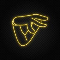 Hand, cartoon neon icon. Yellow neon vector icon. Vector transparent background