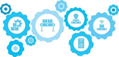 Connected gears and vector icons for logistic, service, shipping, distribution, transport, market, communicate concepts. Mass, production, conveyor man gear blue icon set on white background