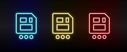 as, diskette, save neon icon set. Set of red, blue, yellow neon vector icon on dark transparent background