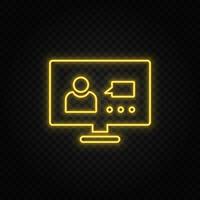 computer, video, conference, users yellow neon icon .Transparent background. Yellow neon vector icon on dark background