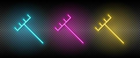 garden, rake vector icon yellow, pink, blue neon set. Tools vector icon on dark transparency background