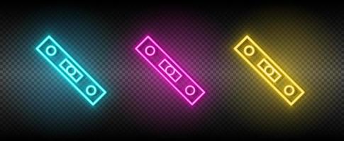 level, tool vector icon yellow, pink, blue neon set. Tools vector icon on dark transparency background