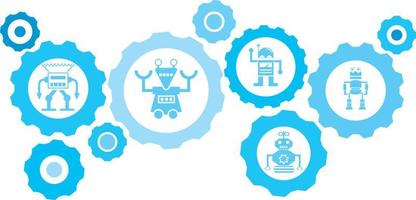 Robot, icon, technology, industry, factory blue gear set. Abstract background with connected gears and icons for logistic, service, shipping, distribution, transport, market, communicate concepts vector