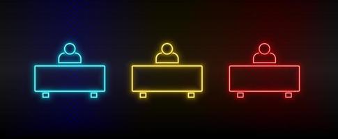 Neon icon set workplace, user. Set of red, blue, yellow neon vector icon on dark transparent background