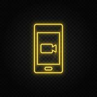 Yellow neon icon mobile, camera. Transparent background. Yellow neon vector icon on dark background