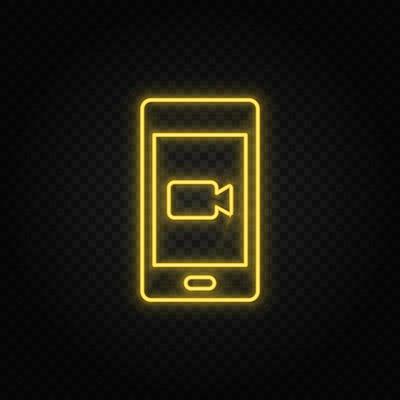 Yellow neon icon mobile, camera. Transparent background. Yellow neon vector icon on dark background