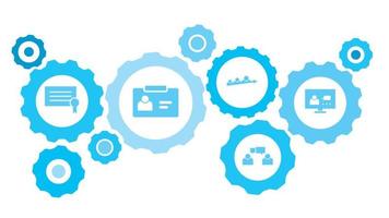 Connected gears and vector icons for logistic, service, shipping, distribution, transport, market, communicate concepts. computer, video, conference, users gear blue icon set on white background