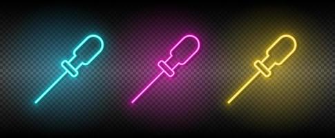 flat blade, screwdriver vector icon yellow, pink, blue neon set. Tools vector icon on dark transparency background