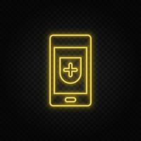 Yellow neon icon phone, security. Transparent background. Yellow neon vector icon on dark background