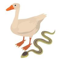 Animal icon isometric vector. Big white goose animal near crawling gray snake vector