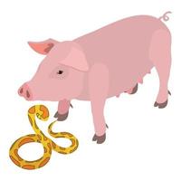 Different animal icon isometric vector. Pink pig animal near tiger python icon vector