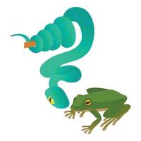 Reptile class icon isometric vector. Big blue snake on branch near green frog vector