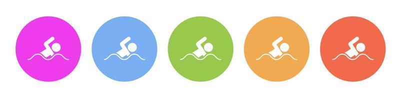 Multi colored flat icons on round backgrounds. Swim, man multicolor circle vector icon on white background