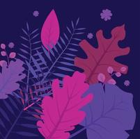 Trendy textured flat vector illustration with violet and pink vibrant bright gradient plants, leaves, flowers, branches. Floral and botanical modern background for posters, banners, invitation, cards