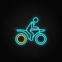 Motorcyclist. Blue and yellow neon vector icon. Transparent background.