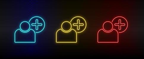 Neon icon set add, user. Set of red, blue, yellow neon vector icon on dark transparent background