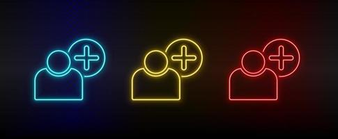 Neon icon set add, user. Set of red, blue, yellow neon vector icon on dark transparent background