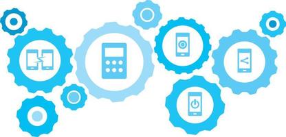 Connected gears and vector icons for logistic, service, shipping, distribution, transport, market, communicate concepts. phone, share gear blue icon set on white background