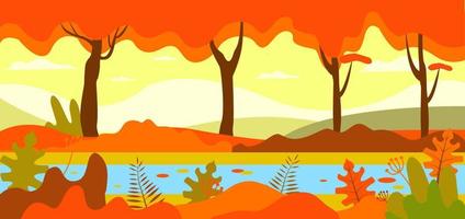 Autumn forest. Autumnal nature landscape, yellow forests trees and woodland fall leaves. October foliage fall autumnal scene, september park tree and river cartoon vector illustration