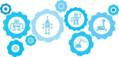 Robot, icon, technology blue gear set. Abstract background with connected gears and icons for logistic, service, shipping, distribution, transport, market, communicate concepts on white background vector