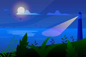 tropical paisaje, ver desde el apuntalar con Esgrima, palma arboles y plantas, faro en el mar y gaviotas en el cielo con Luna y nubes eps10, contiene. vector. vector