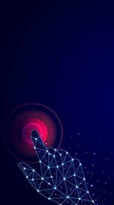 Abstract blue geometric background. Touch to electronic display. Skeleton image of a human hand. Technologies of the future. Futuristic image. Polygonal mesh. Futuristic pattern. Virtual reality
