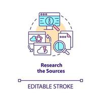 investigación fuentes concepto icono. cheque información en Internet. digital proteccion propina resumen idea Delgado línea ilustración. aislado contorno dibujo. editable carrera vector