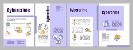 Cybercrime attacks purple brochure template. Hacking threat. Leaflet design with linear icons. Editable 4 vector layouts for presentation, annual reports