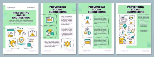 Preventing hacking attacks green brochure template. Social engineering. Leaflet design with linear icons. Editable 4 vector layouts for presentation, annual reports