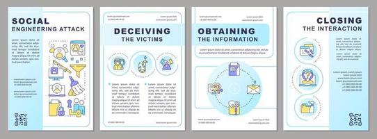 Social engineering attack blue brochure template. Hacking. Leaflet design with linear icons. Editable 4 vector layouts for presentation, annual reports