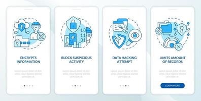 CIAM prevents hack attacks blue onboarding mobile app screen. Walkthrough 4 steps editable graphic instructions with linear concepts. UI, UX, GUI template vector
