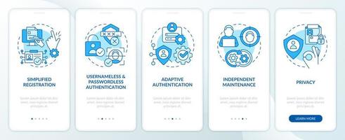 Involving CIAM advantages blue onboarding mobile app screen. Walkthrough 5 steps editable graphic instructions with linear concepts. UI, UX, GUI template vector