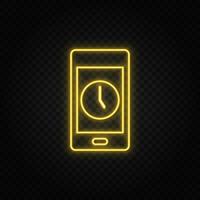 Yellow neon icon phone, clock, time. Transparent background. Yellow neon vector icon on dark background