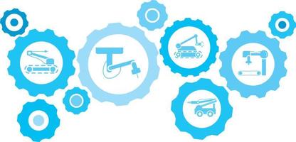 Robot, icon, technology, industry, factory blue gear set. Abstract background with connected gears and icons for logistic, service, shipping, distribution, transport, market, communicate concepts vector