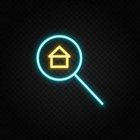 Real estate vector house, property, search. Illustration neon blue, yellow, red icon set