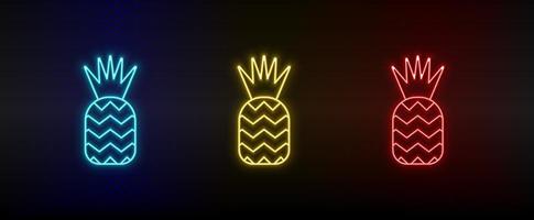 Neon icon set ananas. Set of red, blue, yellow neon vector icon on dark background