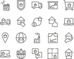 house, manager, property set vector icons. Real estate icon set. Simple Set of Real Estate Related Vector Line Icons. Contains such Icons as Map, Plan, Bedrooms on white background