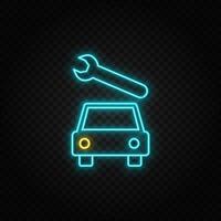 Car, repair. Blue and yellow neon vector icon. Transparent background.
