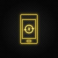 Yellow neon icon flash, charging, refresh. Transparent background. Yellow neon vector icon on dark background