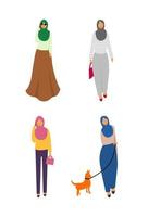 Muslim women set. Cute cartoon Arab girls in traditional dress. Businesswoman collection. vector