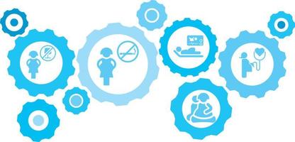 Connected gears and vector icons for logistic, service, shipping, distribution, transport, market, communicate concepts. Life, pregnant, medicine gear blue icon set .
