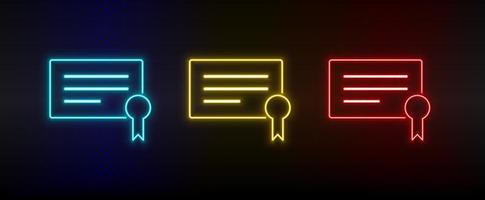 Neon icon set diploma. Set of red, blue, yellow neon vector icon on dark transparent background