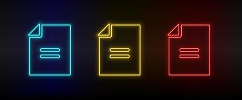 Neon icon set file, contract, application. Set of red, blue, yellow neon vector icon on dark transparent background