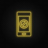 Yellow neon icon phone, block. Transparent background. Yellow neon vector icon on dark background