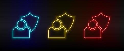 Neon icon set user, security. Set of red, blue, yellow neon vector icon on dark transparent background