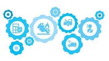 Connected gears and icons for logistic, service, shipping, distribution, transport, market, communicate concepts. Accident, benefits, driver, inure gear blue icon set on white background vector